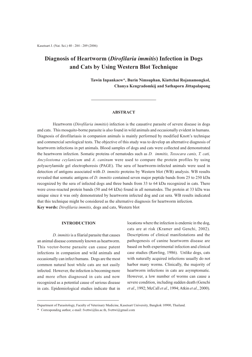 Diagnosis of Heartworm (Dirofilaria Immitis) Infection in Dogs and Cats by Using Western Blot Technique