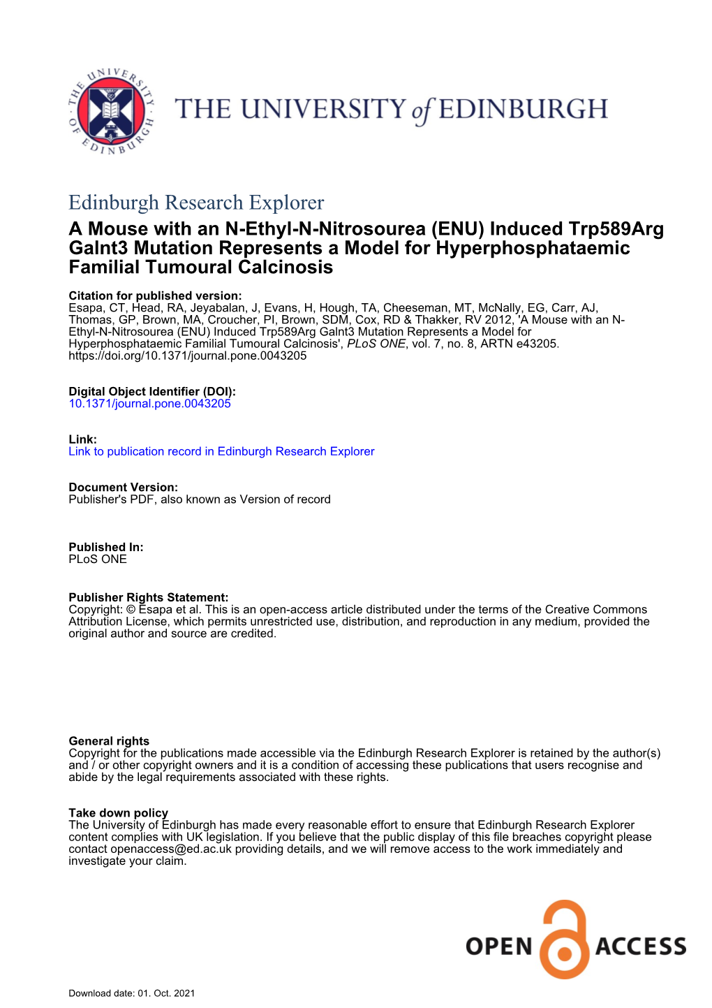 (ENU) Induced Trp589arg Galnt3 Mutation Represents a Model for Hyperphosphataemic