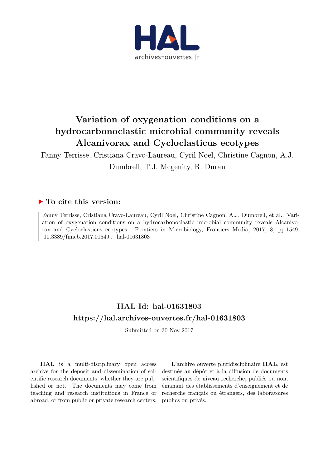 Variation of Oxygenation Conditions on a Hydrocarbonoclastic Microbial