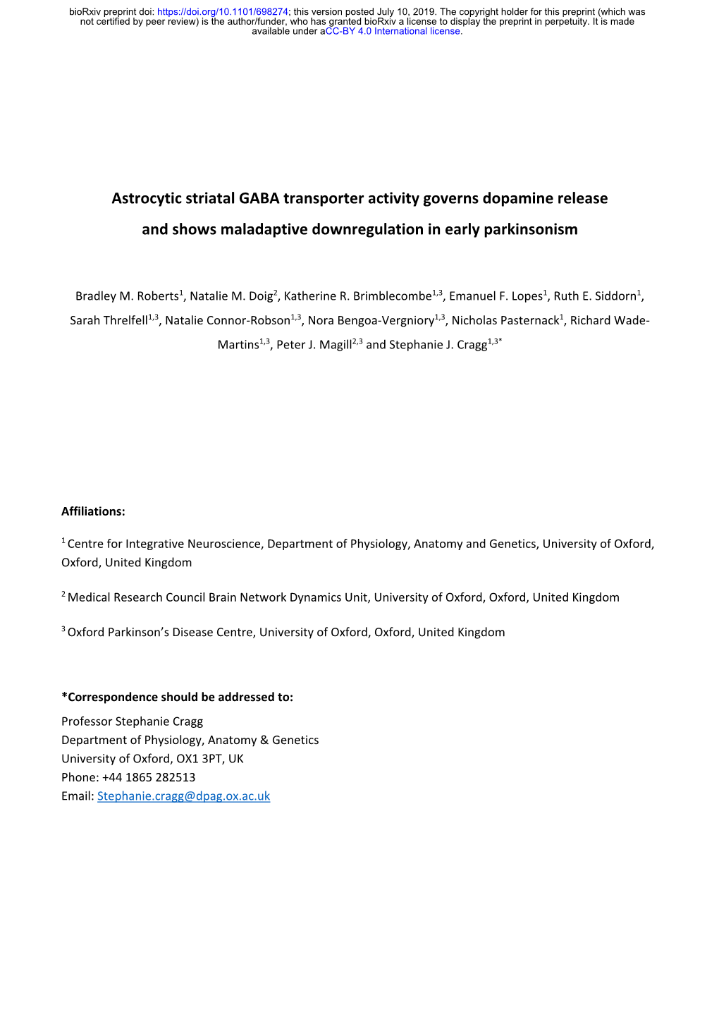 Astrocytic Striatal GABA Transporter Activity Governs Dopamine Release and Shows Maladaptive Downregulation in Early Parkinsonism