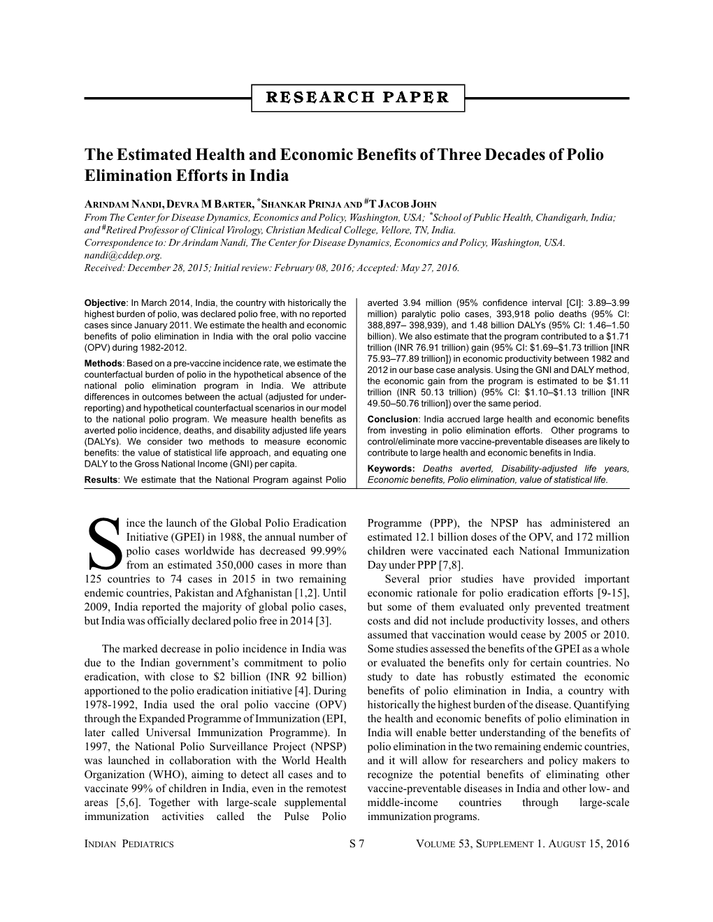 The Estimated Health and Economic Benefits of Three Decades of Polio Elimination Efforts in India