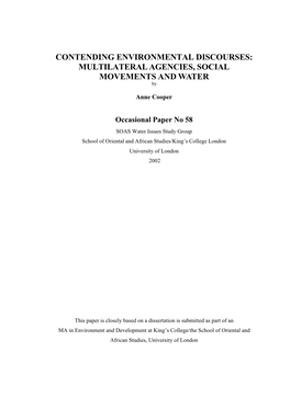 MULTILATERAL AGENCIES, SOCIAL MOVEMENTS and WATER By