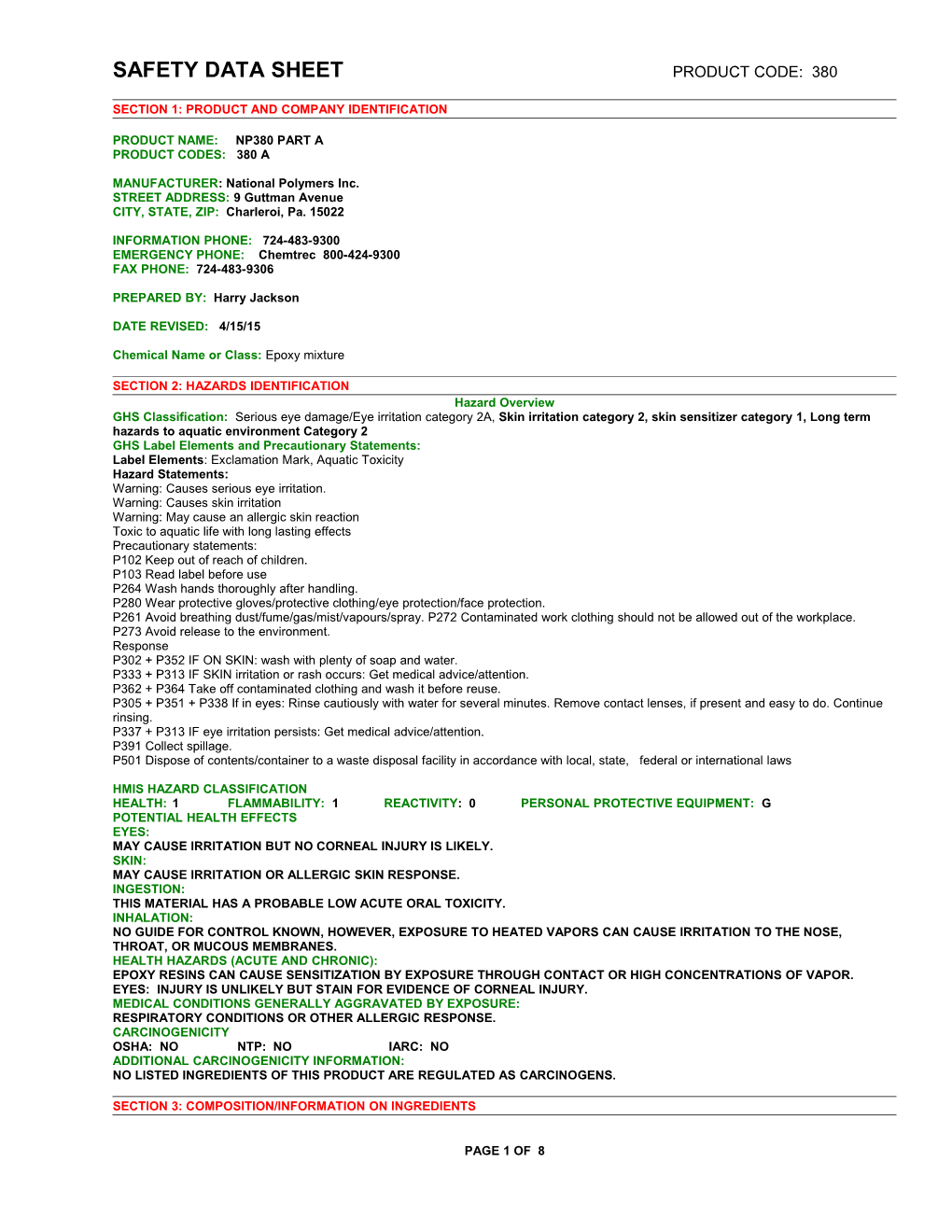 Material Safety Data Sheet Page 1 of X s2