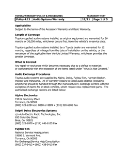 Policy 4.13 Audio Systems Warranty 12/11 Page 1 of 5 Applicability