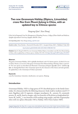 Two New Geranomyia Haliday (Diptera, Limoniidae) Crane Flies from Mount Jiulong in China, with an Updated Key to Chinese Species