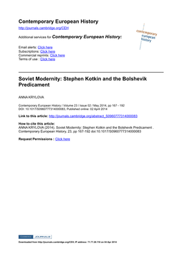 Contemporary European History Soviet Modernity: Stephen Kotkin