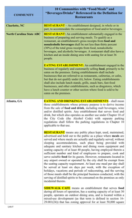 10 Communities with “Food/Meals” and “Beverages/Drinks” Referenced in the Definition for Restaurants