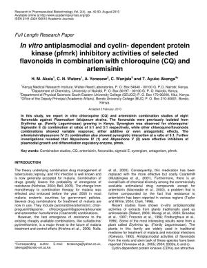 In Vitro Antiplasmodial and Cyclin- Dependent Protein Kinase (Pfmrk