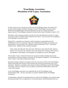 Wood Badge Association Dissolution of the Legacy Associations