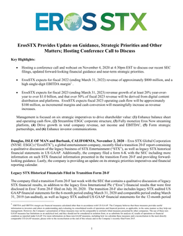 Erosstx Provides Update on Guidance, Strategic Priorities and Other Matters; Hosting Conference Call to Discuss