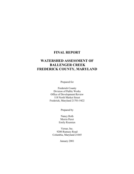 Final Report Watershed Assessment of Ballenger Creek Frederick County