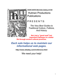 Hutman Productions Publications Each Sale Helps Us to Maintain Our