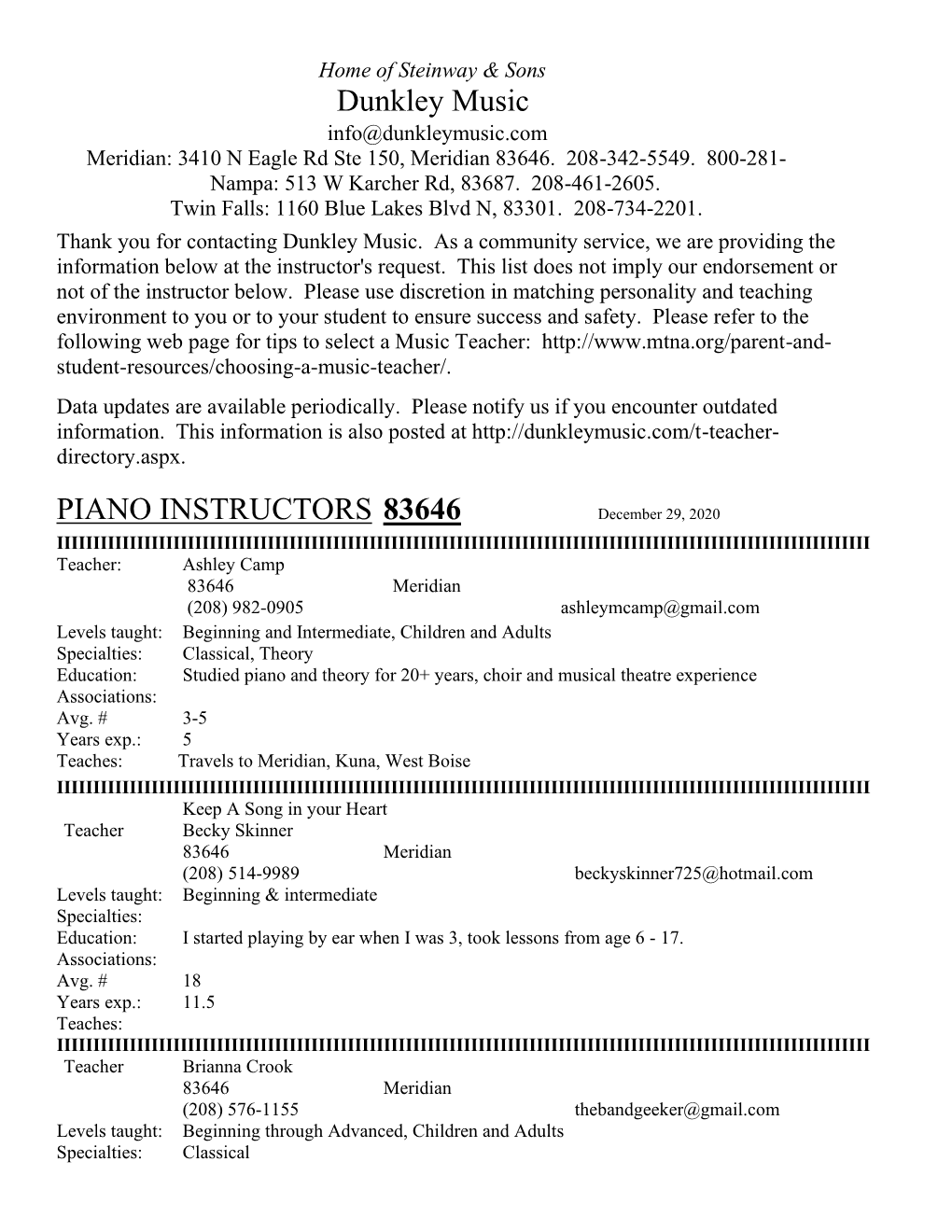 Dunkley Music PIANO INSTRUCTORS 83646