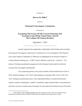 Harvey R. Miller Financial Crisis Inquiry Commission Examining The