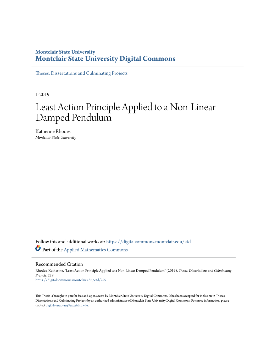 Least Action Principle Applied to a Non-Linear Damped Pendulum Katherine Rhodes Montclair State University