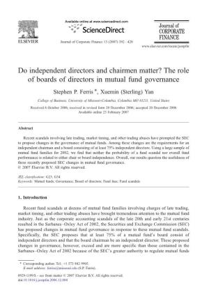 The Role of Boards of Directors in Mutual Fund Governance ⁎ Stephen P