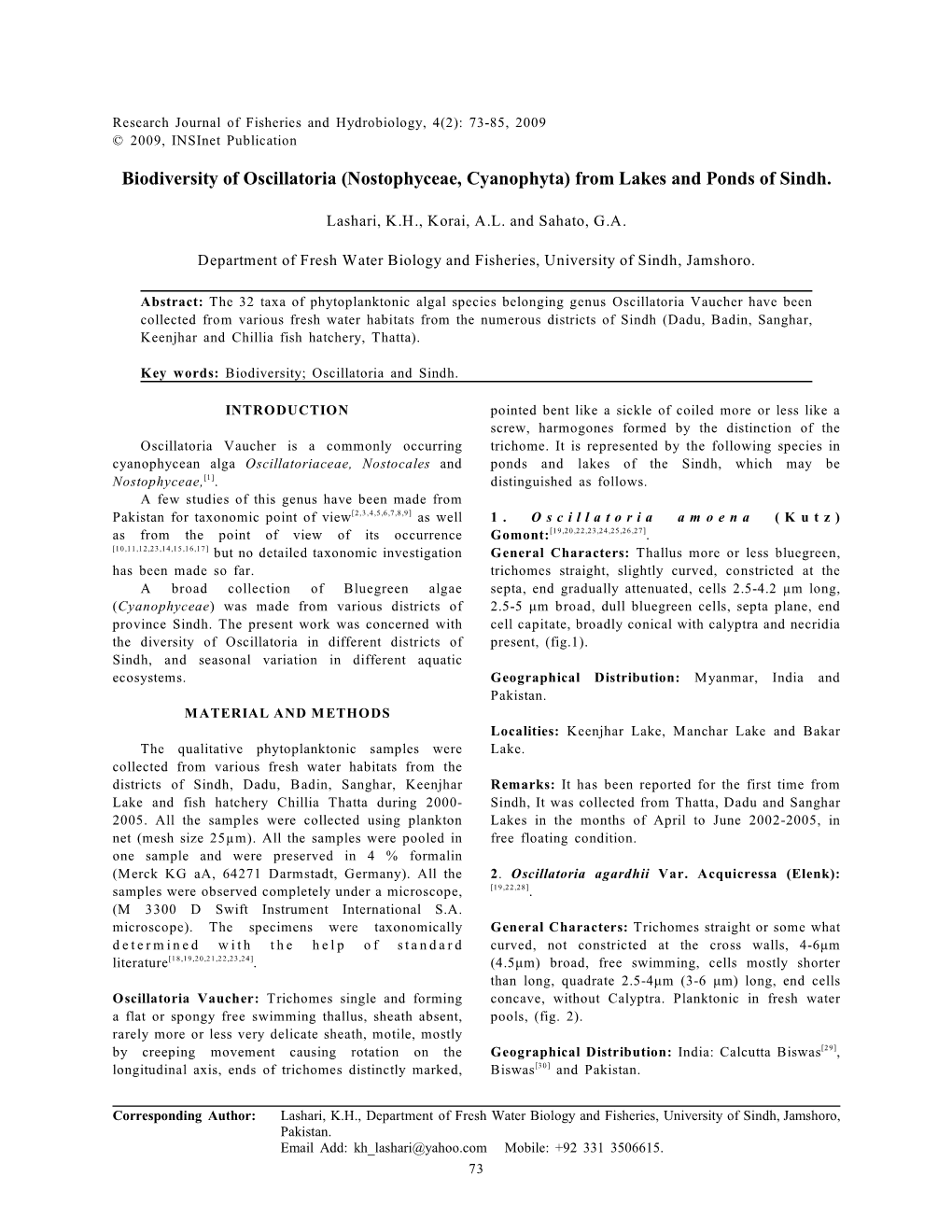 Biodiversity of Oscillatoria (Nostophyceae, Cyanophyta) from Lakes and Ponds of Sindh