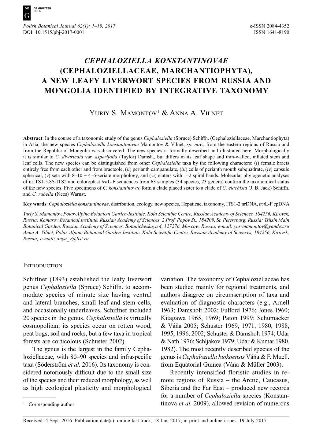 Cephaloziella Konstantinovae (Cephaloziellaceae, Marchantiophyta), a New Leafy Liverwort Species from Russia and Mongolia Identified by Integrative Taxonomy