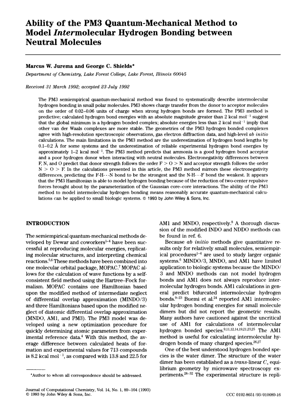 Ability of the PM3 Quantum-Mechanical Method to Model Intermolecular Hydrogen Bonding Between Neutral Molecules