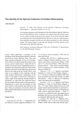 The Identity of the Spinola Collection Corixidae (Heteroptera)