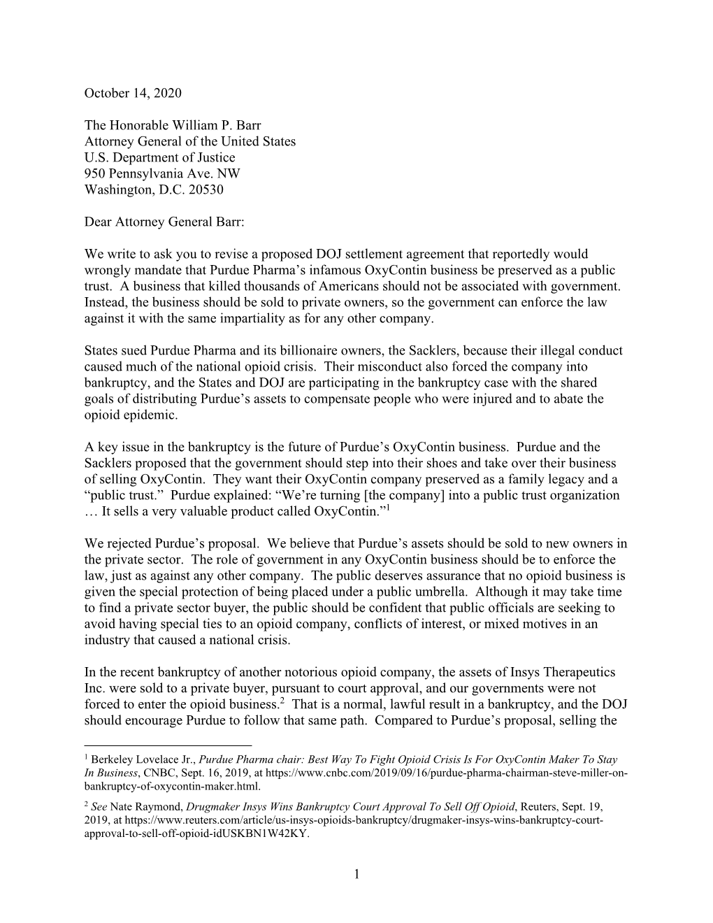 October 14, 2020 Letter to Attorney General Barr