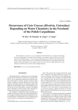 Occurrence of Unio Crassus (Bivalvia, Unionidae) Depending on Water Chemistry in the Foreland of the Polish Carpathians