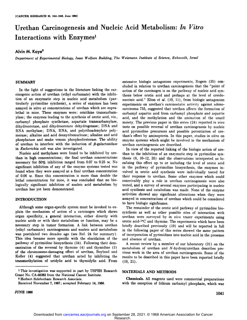 Urethan Carcinogenesis and Nucleic Acid Metabolism: in Vitro Interactions with Enzymes1