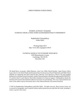 Nber Working Paper Series Women As Policy Makers