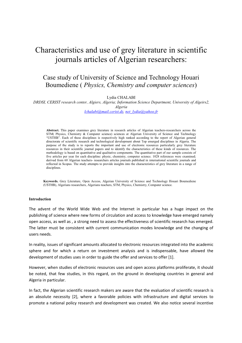 Characteristics and Use of Grey Literature in Scientific Journals Articles of Algerian Researchers