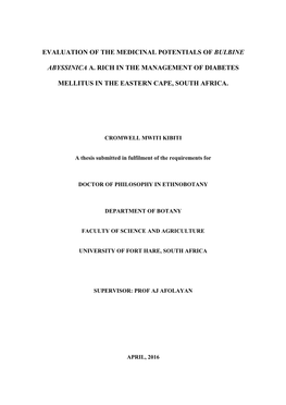 Evaluation of the Medicinal Potentials of Bulbine