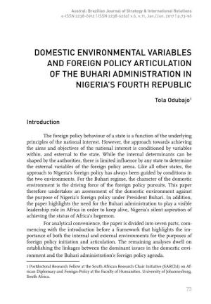 Domestic Environmental Variables and Foreign Policy Articulation of the Buhari Administration in Nigeria’S Fourth Republic