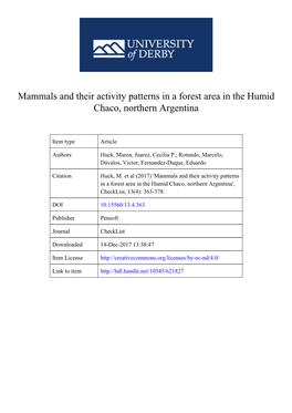 Mammals and Their Activity Patterns in a Forest Area in the Humid Chaco, Northern Argentina