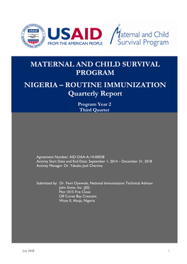 MATERNAL and CHILD SURVIVAL PROGRAM NIGERIA – ROUTINE IMMUNIZATION Quarterly Report Program Year 2 Third Quarter