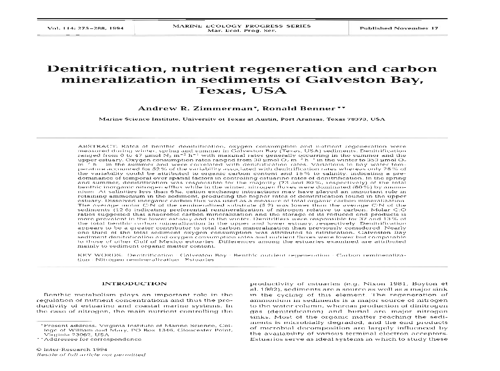 Denitrification, Nutrient Regeneration and Carbon Mineralization in Sediments of Galveston Bay, Texas, USA