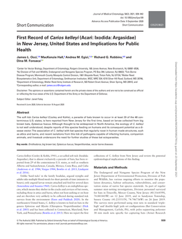 First Record of Carios Kelleyi (Acari: Ixodida: Argasidae) in New Jersey, United States and Implications for Public Health