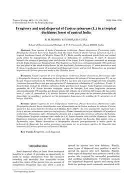 Frugivory and Seed Dispersal of Carissa Spinarum (L.) in a Tropical Deciduous Forest of Central India