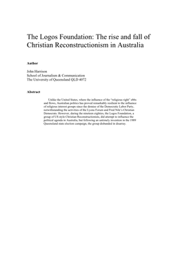 The Logos Foundation: the Rise and Fall of Christian Reconstructionism in Australia