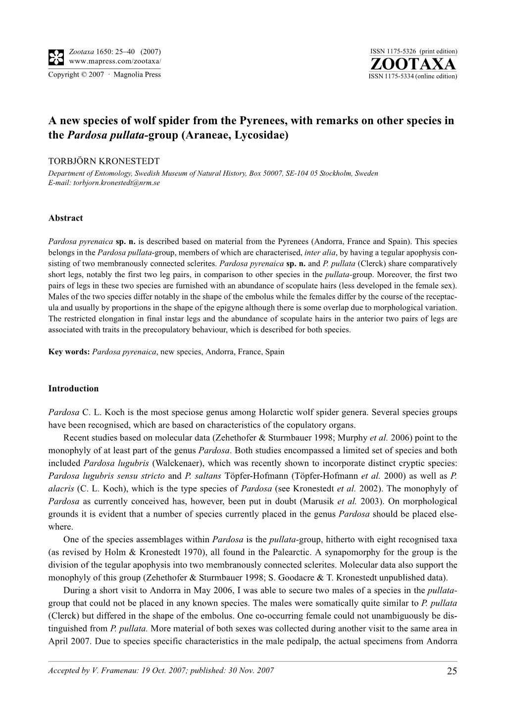 Zootaxa,A New Species of Wolf Spider from the Pyrenees