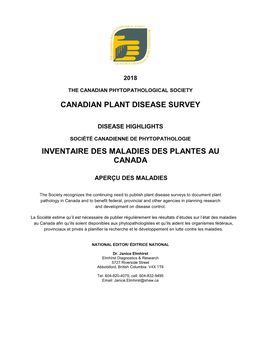 Canadian Plant Disease Survey Inventaire Des Maladies Des Plantes Au Canada