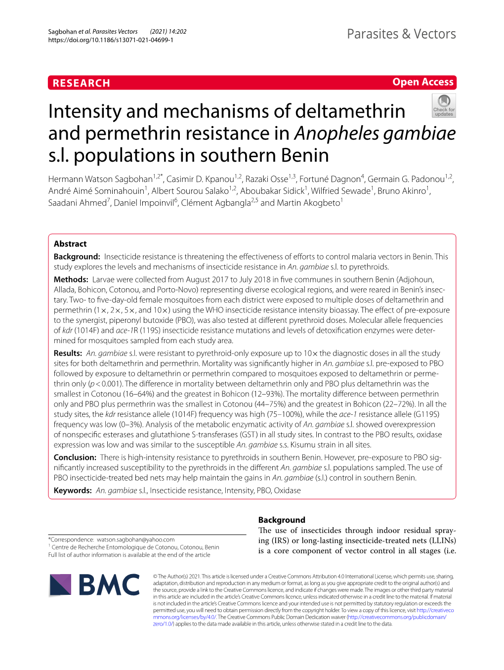 Intensity and Mechanisms of Deltamethrin and Permethrin Resistance in Anopheles Gambiae S.L