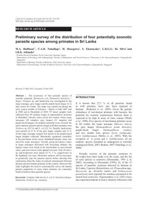 Preliminary Survey of the Distribution of Four Potentially Zoonotic Parasite Species Among Primates in Sri Lanka