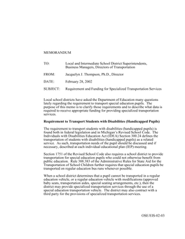 2002-02-28 -- OSE-EIS Numbered Memo: Requirement and Funding for Specialized Transportation Services