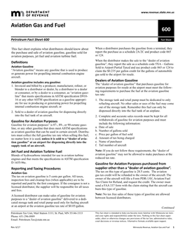 Fact Sheet 600, Aviation Gas and Fuel for Rates