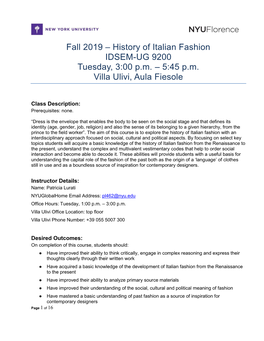 History of Italian Fashion IDSEM-UG 9200 Tuesday, 3:00 Pm