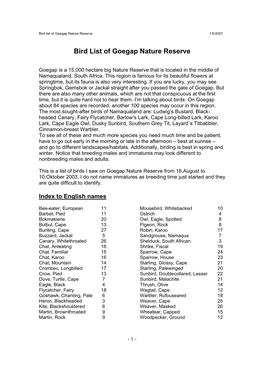 Bird List of Goegap Nature Reserve 1/5/2007