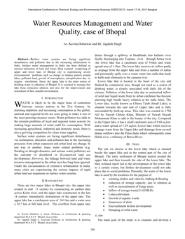 Water Resources Management and Water Quality, Case of Bhopal
