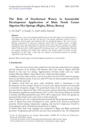 The Role of Geothermal Waters in Sustainable Development Application of Main North Center Algerian Hot Springs (Righa, Biban, Ksena)