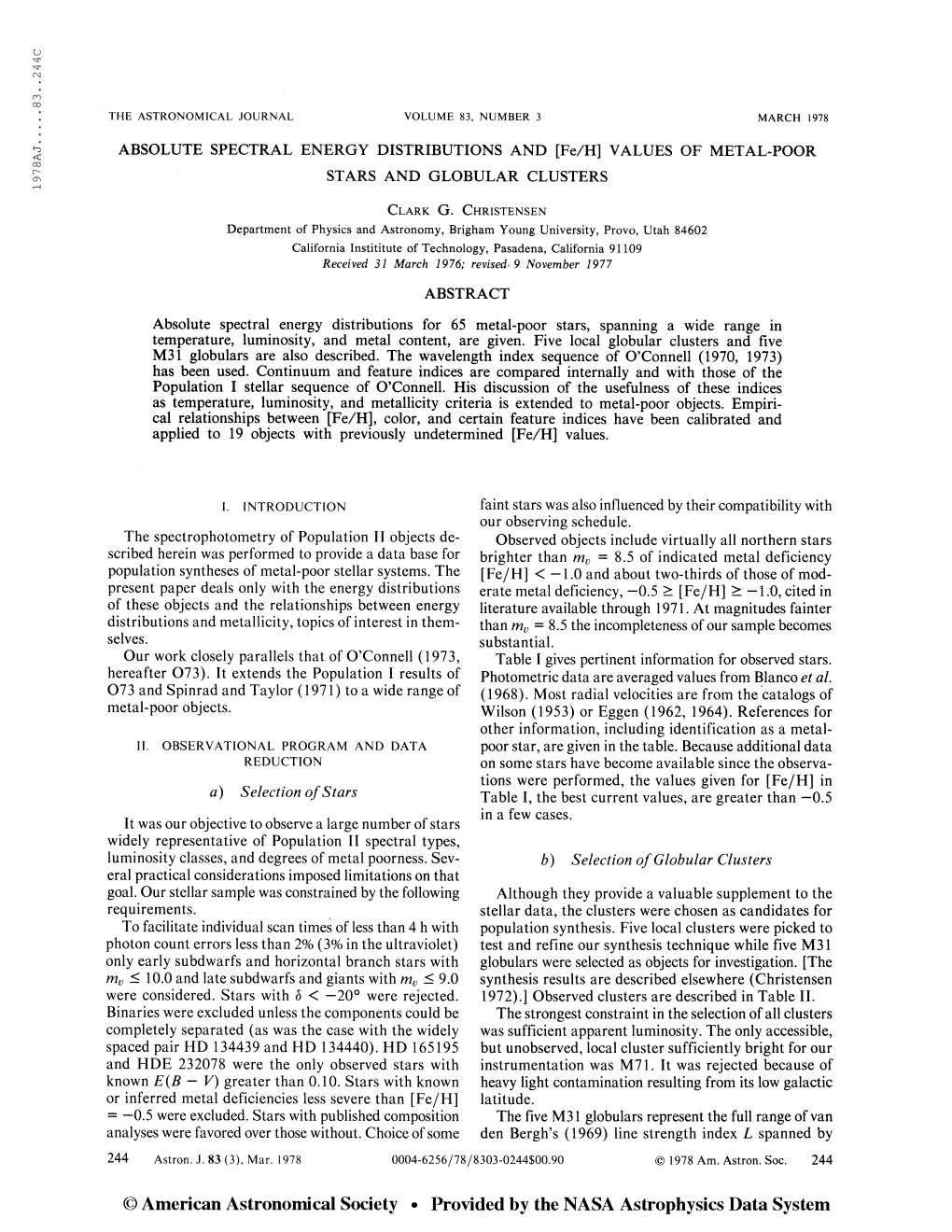 1978AJ 83. . 2 4 4C the ASTRONOMICAL JOURNAL VOLUME 83, NUMBER 3 MARCH 1978 ABSOLUTE SPECTRAL ENERGY DISTRIBUTIONS and [Fe/H] VA