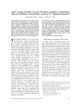 Donor Testing and Risk: Current Prevalence, Incidence, and Residual Risk of Transfusion-Transmissible Agents in US Allogeneic Donations