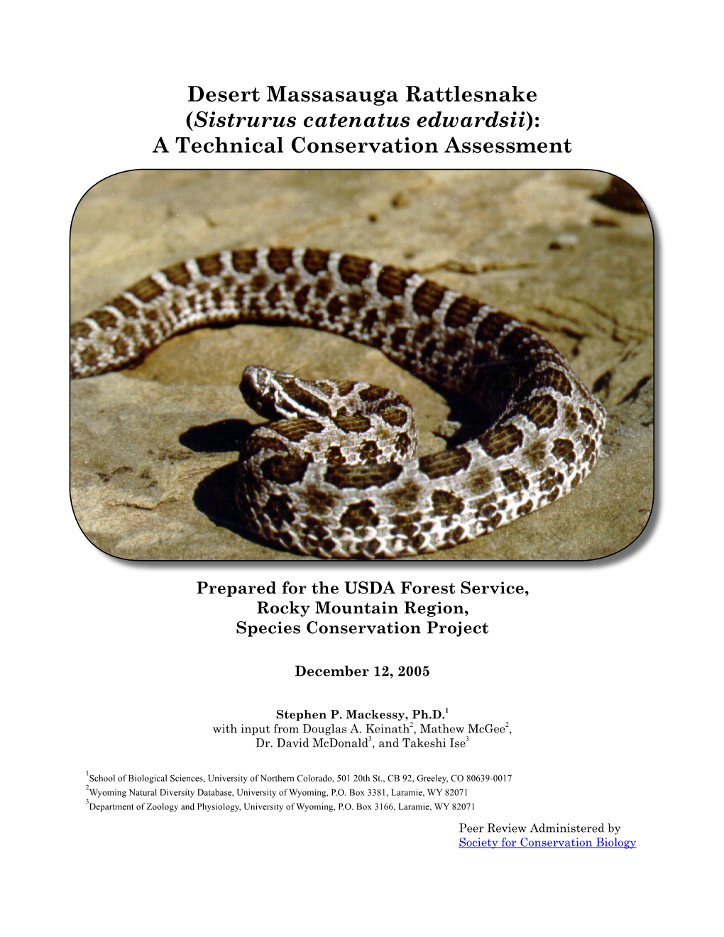 Desert Massasauga Rattlesnake (Sistrurus Catenatus Edwardsii): a Technical Conservation Assessment